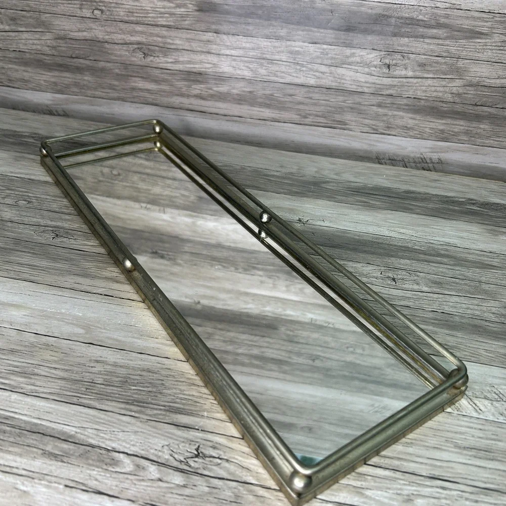 Vanity Tray Vintage Rectangle Silver Metal Mirror Retro Hollywood Regency MCM